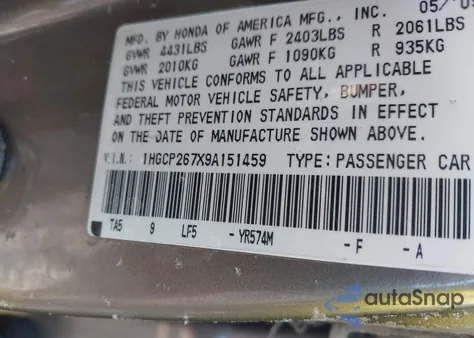 2009 Honda Accord 2.4 Ex из США, поврежденный, VIN 1HGCP267X9A151459